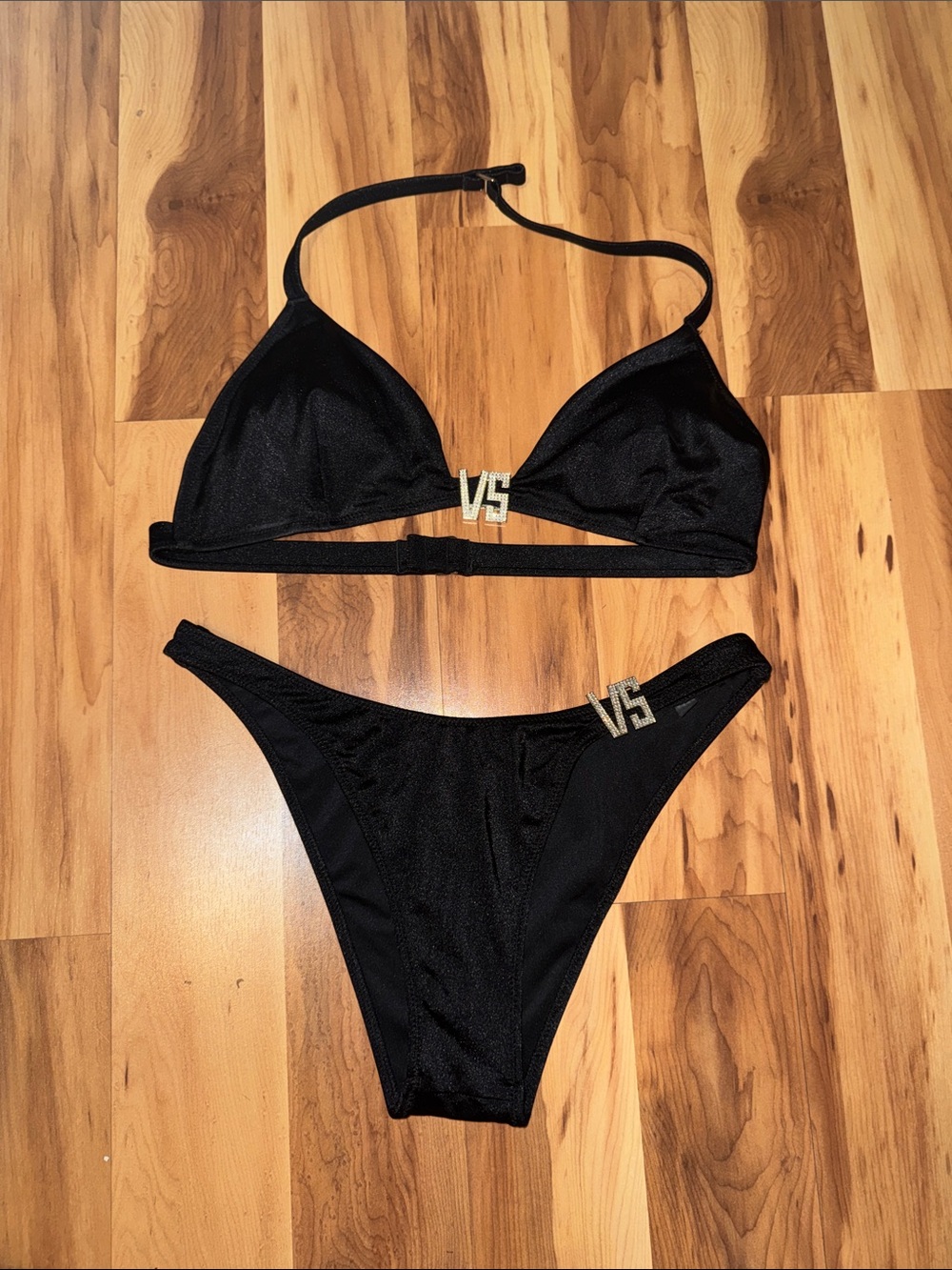 Victoria's Secret Black Bikini Set with VS Shine Logo Hardware L TOP M BOTTOM***